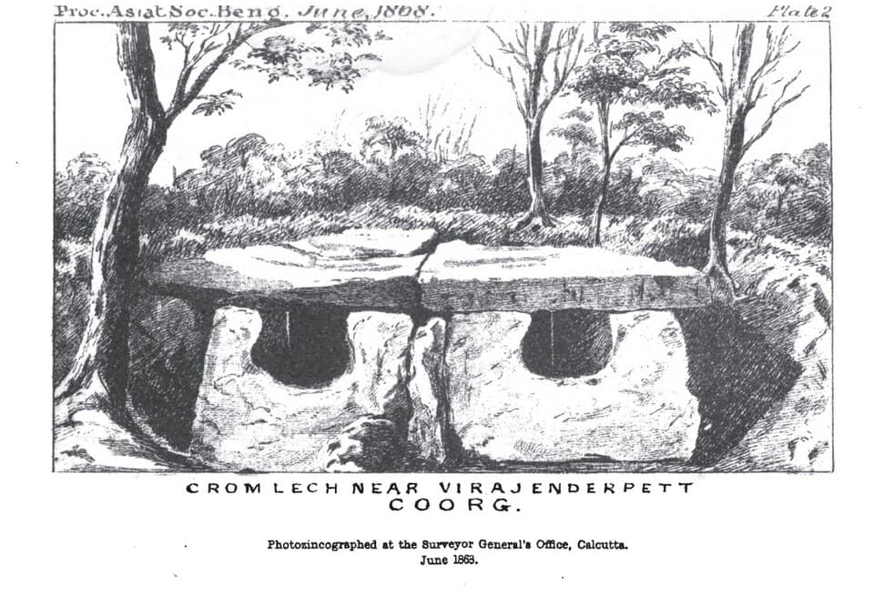 A megalithic stone circle in Coorg: Megalith builders are known from their graves, encircled by big stones and mostly outside the settlement area.