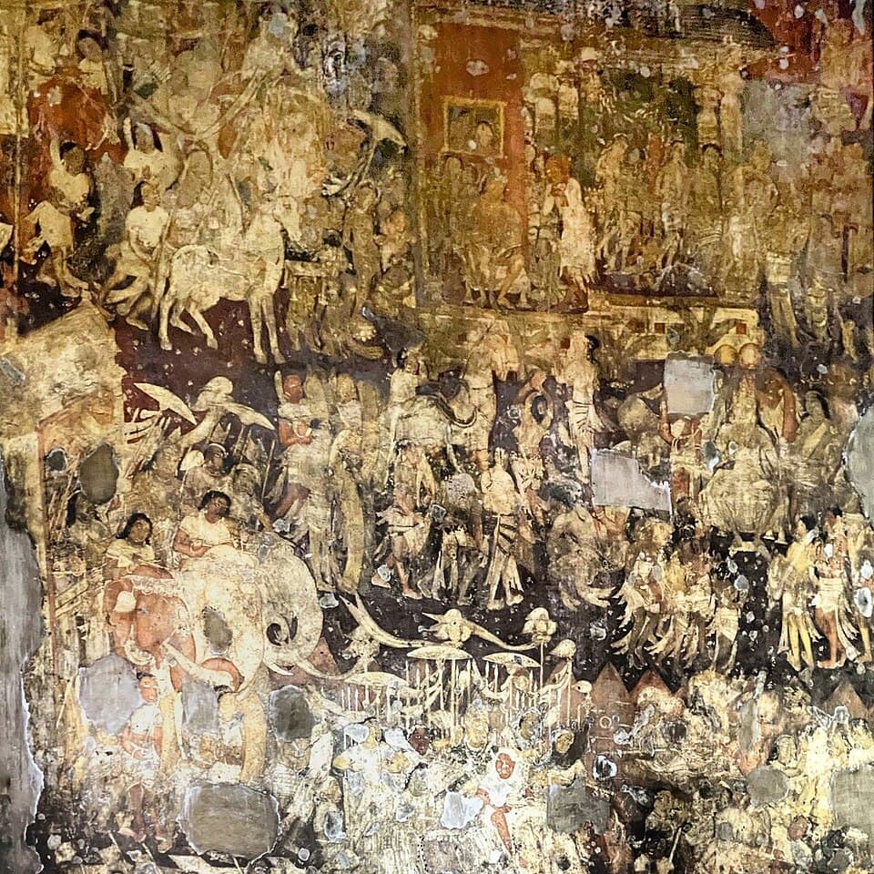 A painting in Ajanta Cave 17: Cave 17 holds the largest number of surviving paintings; the finest ancient Indian painting is Vakataka work.