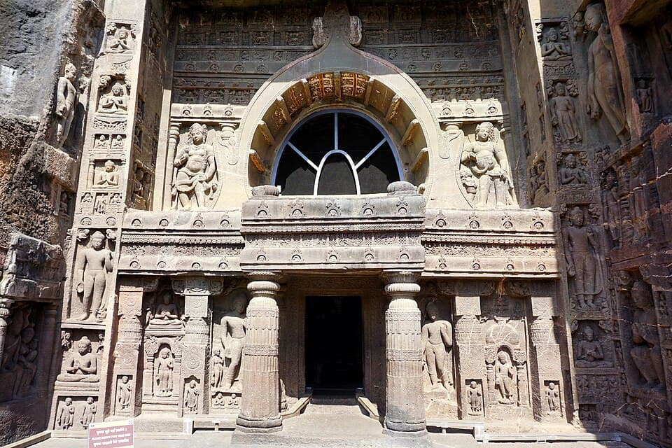 The facade of Ajanta Cave 19: Caves 19 and 26 are the finest chaitya halls of the second phase.