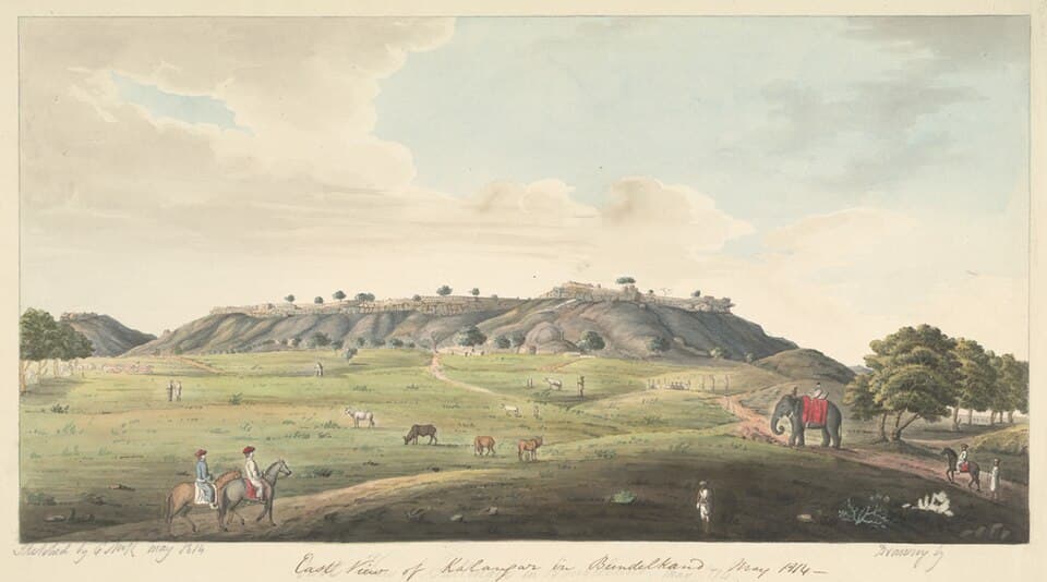 Kalinjar fort: The Chandella fort of Kalinjar on its flat topped hill, drawn in May 1814.