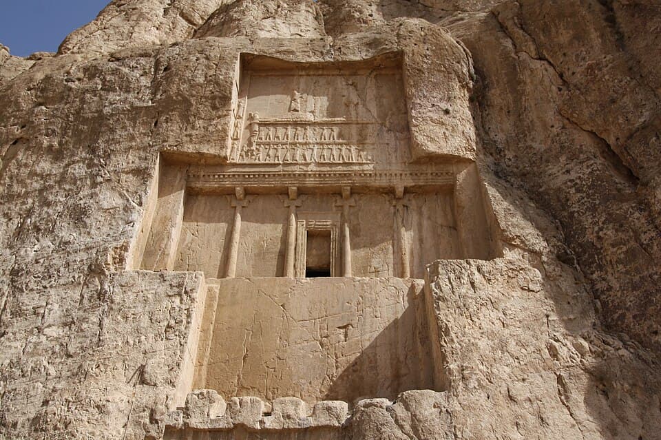 The tomb of Darius I at Naqsh e Rustam: Darius I brought Gandhara and the Indian borderlands into the Achaemenid empire as the province of Hindush.