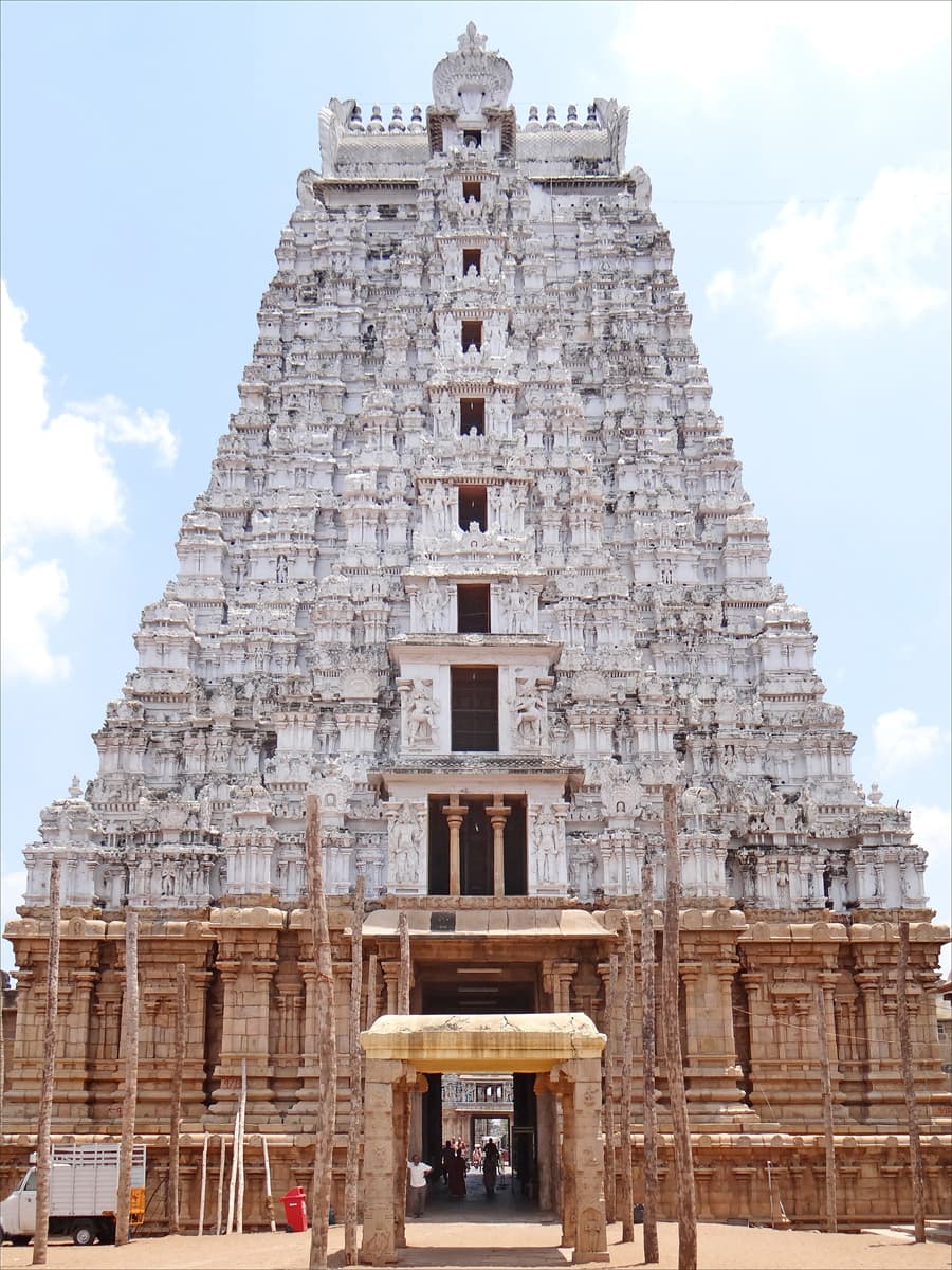 A gopuram of the Ranganatha temple, Srirangam: The great Ranganatha temple on a Kaveri island, the centre of Ramanuja's life and work.